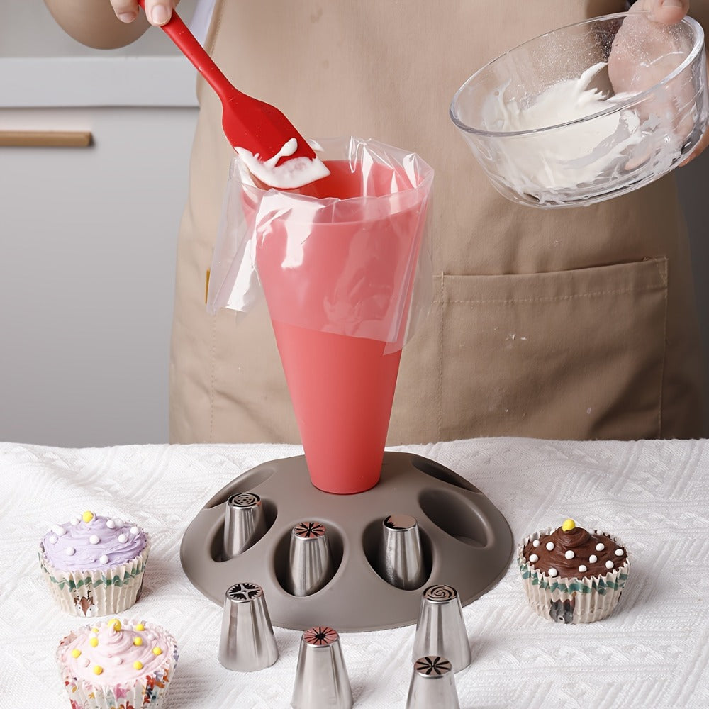 Piping Bag Holder Set 17pcs, Multi-Bag Icing Stand with Various Nozzle Tips for Cake Decorating, Cupcake Frosting, Cookie Decorating, Baking Accessories for Professional and Home Bakers