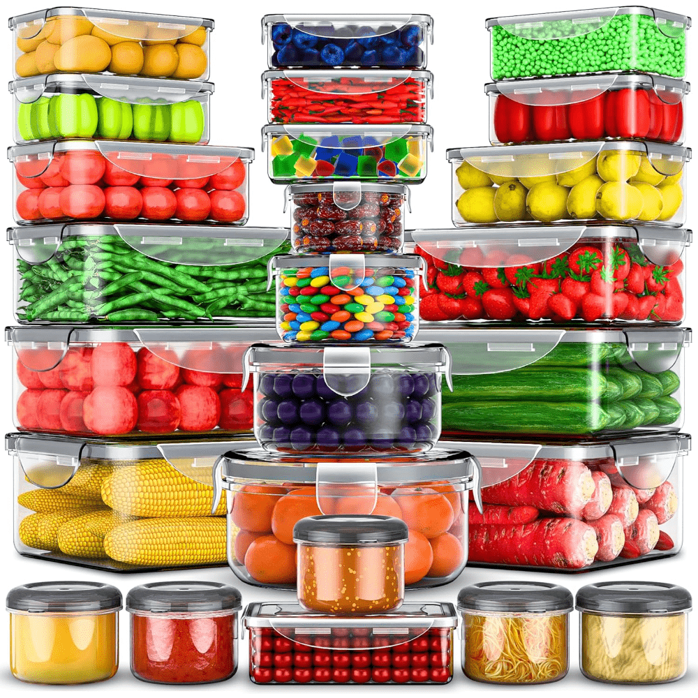 Stackable Food Storage Containers with Lids - Microwave and Freezer Safe Leak Proof Plastic Boxes for Fruits Vegetables and Leftovers, Heavy Duty Reusable Meal Prep Containers for Kitchen Pantry Organization, Available in 24, 48 and 50 Piece Sets