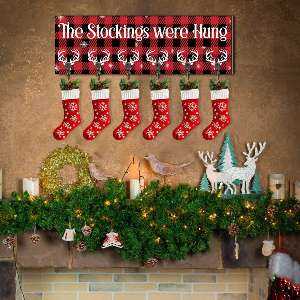 Christmas Stocking Holder with 6 Hooks ¨C Wooden Sign Wall Rack with Snowflake Design & ¡±The Stockings Were Hung¡± Quote, Santa Claus Mantel Hanger for Holiday Fireplace Decor