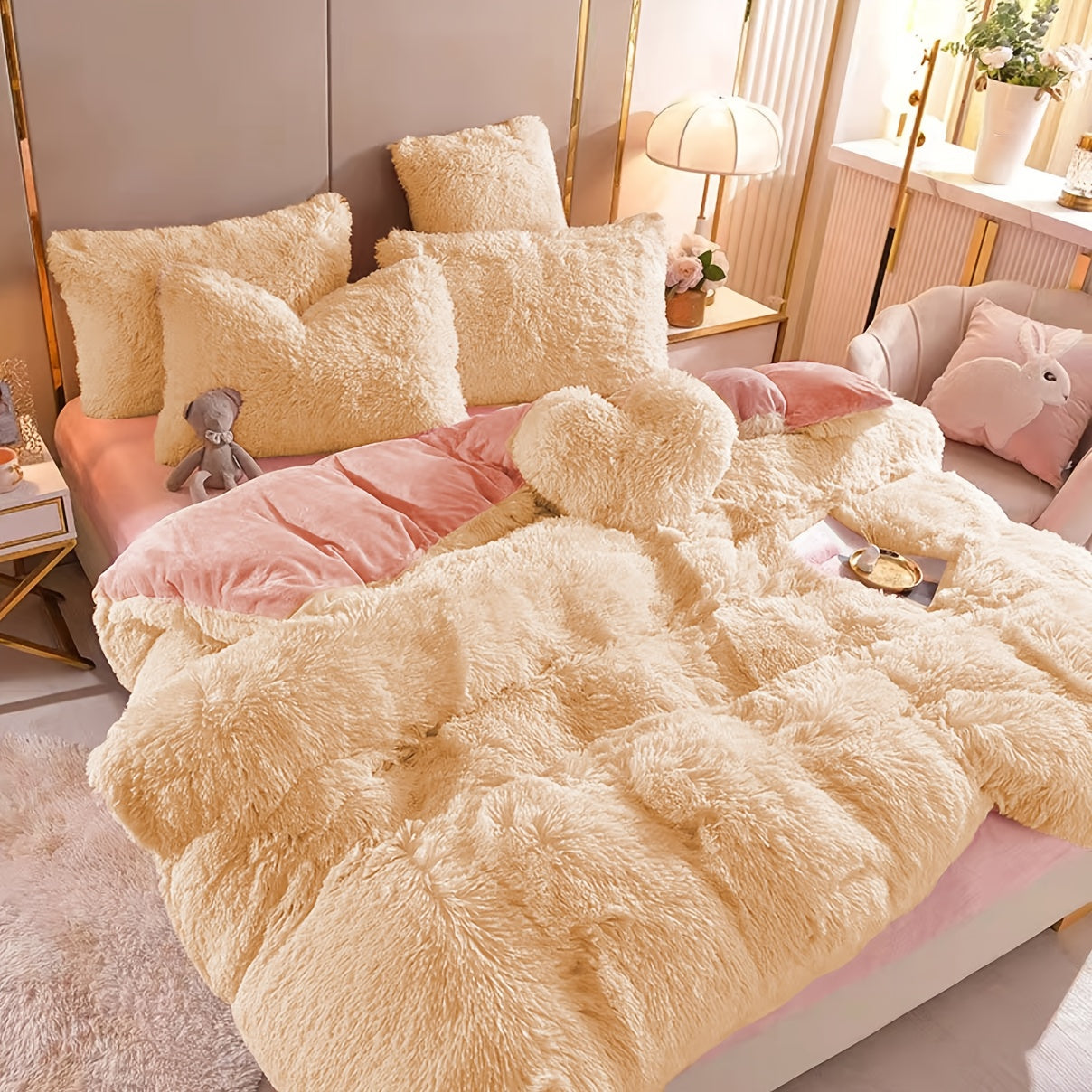 Fluffy Bedding Set 4pcs Soft Warm Plush Duvet Cover with Pillowcases Queen King - Cozy Autumn Winter Comforter Set 8 Colors