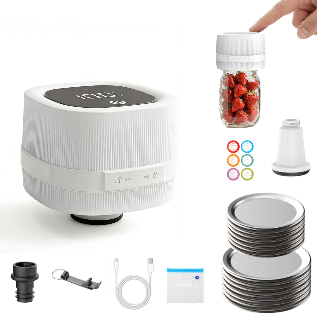 Electric Jar Vacuum Sealer 3-in-1 with 14 Sealing Lids ¨C One-Button Leak-Proof Vacuum Sealing Machine for Food Storage, Fits Regular & Wide Mouth Jars, Wine Plug & Bag Included