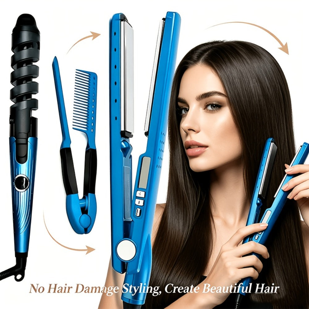 3-in-1 Hair Styling Set Flat Iron Curling Iron & Styling Comb, Anti-Scald Hair Straightener & Curler for Big Waves Straight Hair Curls, Professional Hair Tools Gift for Women, Mother's Day Birthday