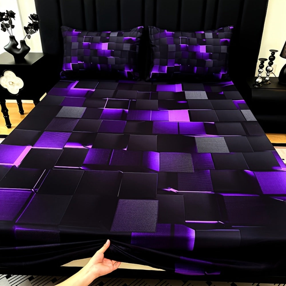 Fitted Sheet Set 3pcs Plaid Digital Print Deep Pocket 15¡± All Season Bed Sheet + 2 Pillowcases No Filling Twin Full Queen King