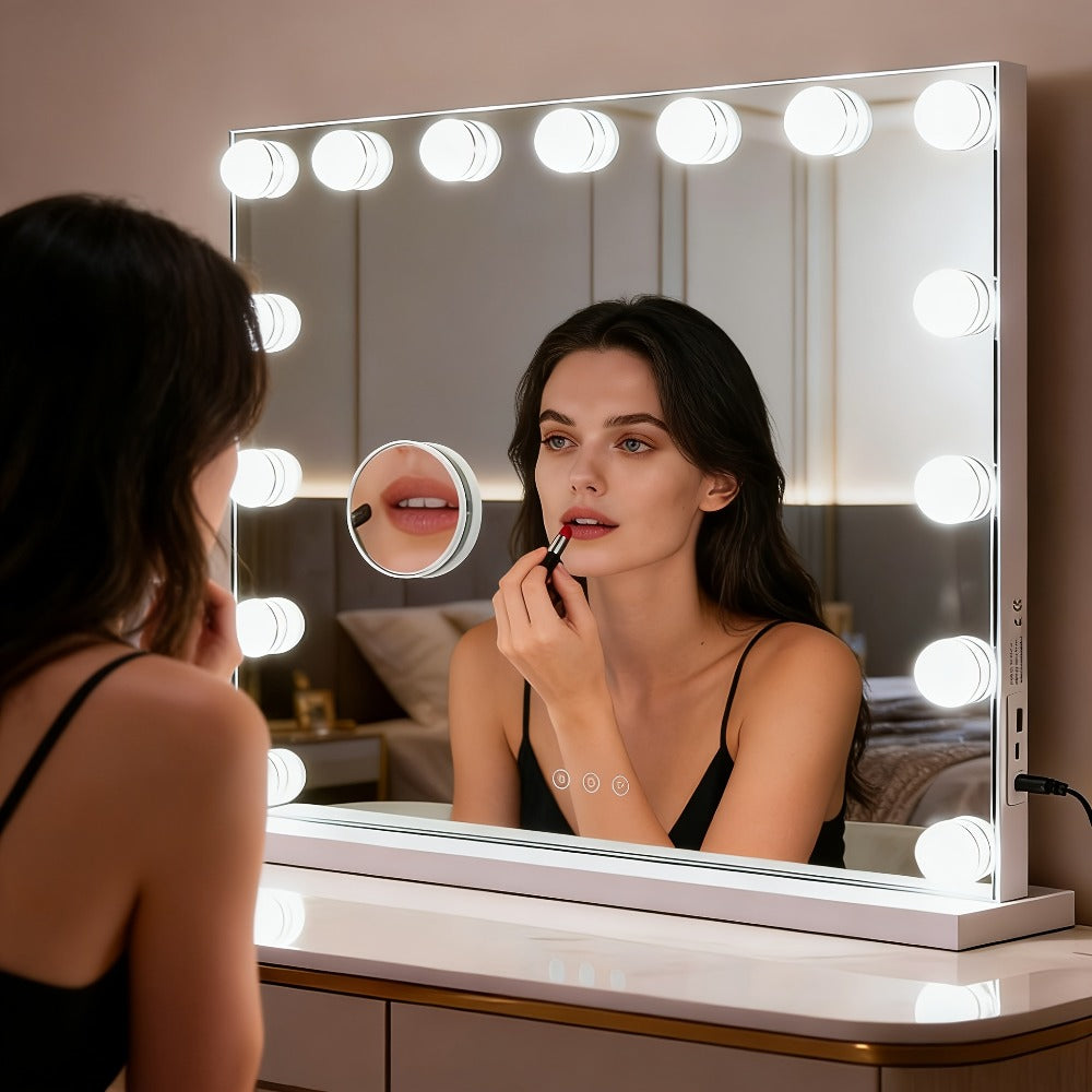 Hollywood Vanity Mirror with Lights ¨C 15 LED Bulbs, 3 Color Modes, Dimmable Brightness, 23x18 Inch, USB & Type-C Charging, Touch Control, Desk & Wall Mount, Metal Frame Makeup Mirror