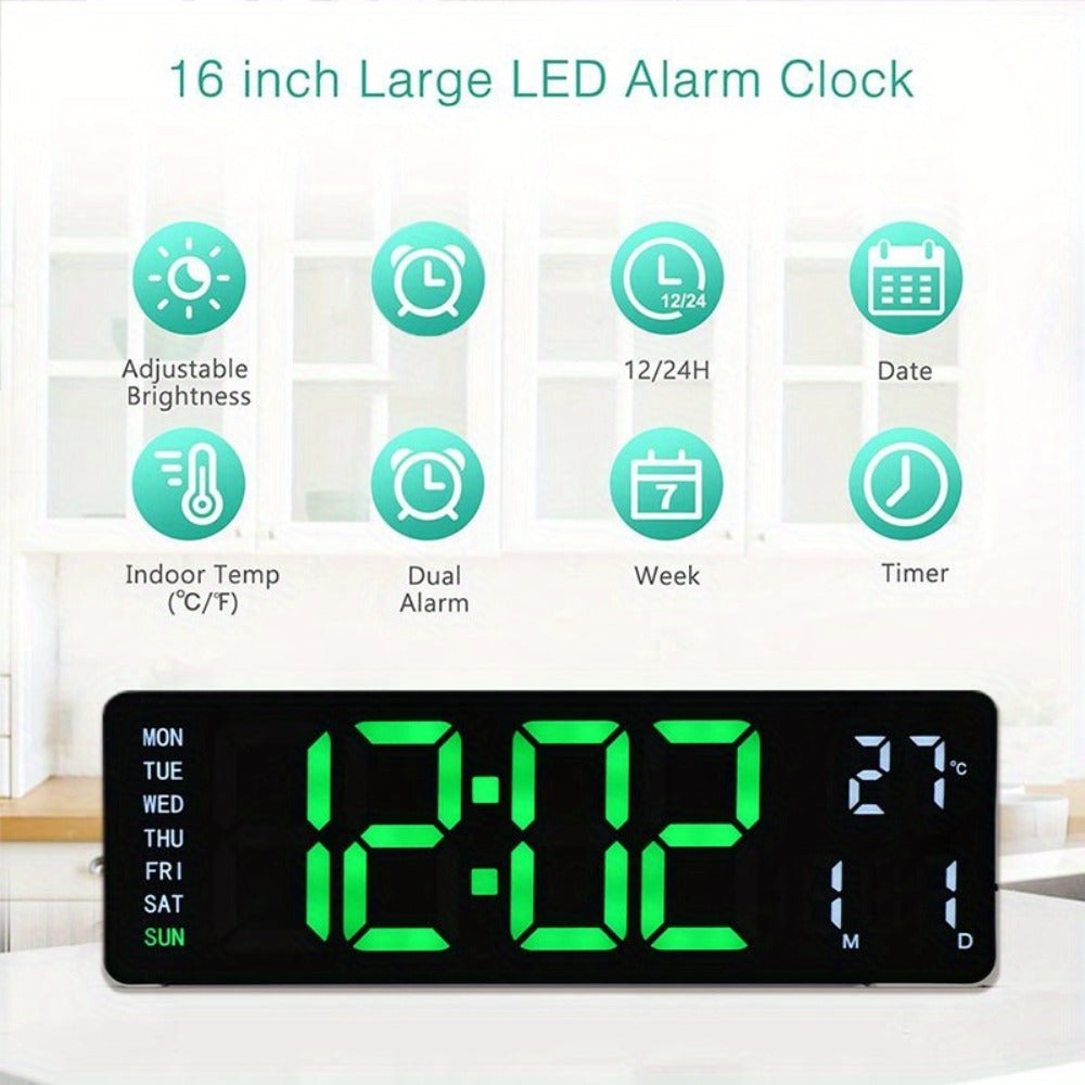 Large Digital Wall Clock 16 Inch LED Color Display, Smart Auto-Dimming 10-Level Brightness, Time Temperature Humidity Monitor, Dual Alarm with Snooze, USB Powered with Remote Control for Living Room Office Bedroom