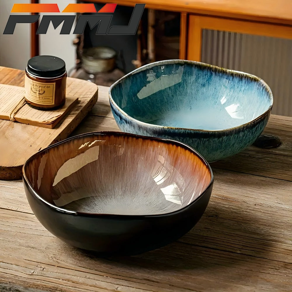 Irregular Deep Dish Ceramic Plate | Artisan Handcrafted Salad Soup Bowl Dish | Unique Edge Design | Dishwasher Safe Tableware for Family Dining