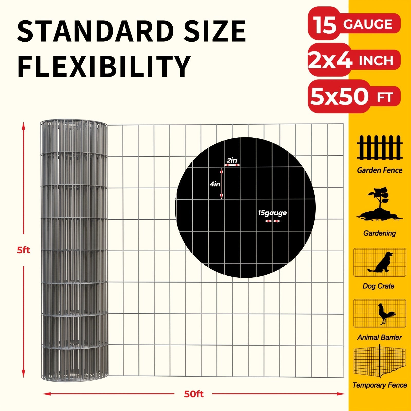 Welded Wire Mesh Fence Roll 50ft ¨C Galvanized Zinc-Coated Steel Hardware Cloth for Chicken Coop, Garden Fence, Pet Enclosure, Rabbit Hutch & Plant Support, Rust-Resistant, 4ft 5ft 6ft Wide Options