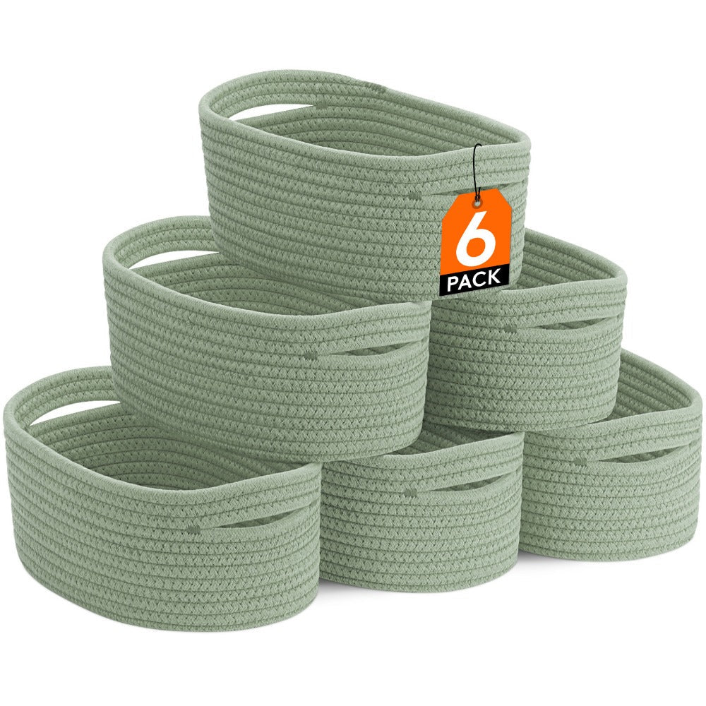 Woven Storage Baskets 6-Pack Cotton Rope Cube Bins 11x7x5¡± | Handmade Small Shelf Baskets for Organizing Closet Bedroom Living Room Playroom | Round Decorative Storage Caddy Multiple Colors