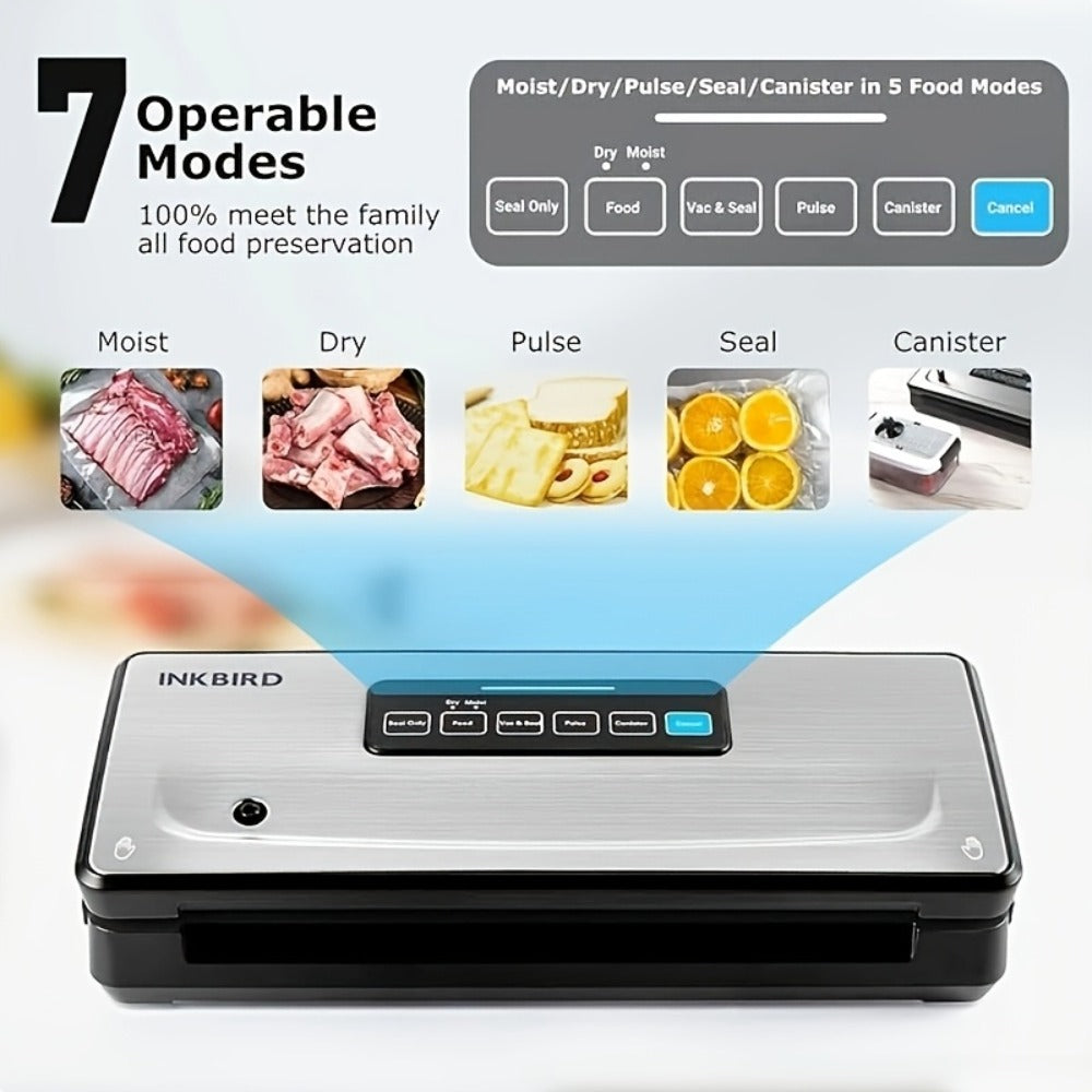 Vacuum Sealer Machine 85KPA ¨C INKBIRD 10-in-1 Food Sealer with Bag Storage, Built-In Cutter, Moist/Dry/Pulse/Liquid/Canister Modes, 200 Continuous Seals, Compact Design for Food Preservation & Sous Vide