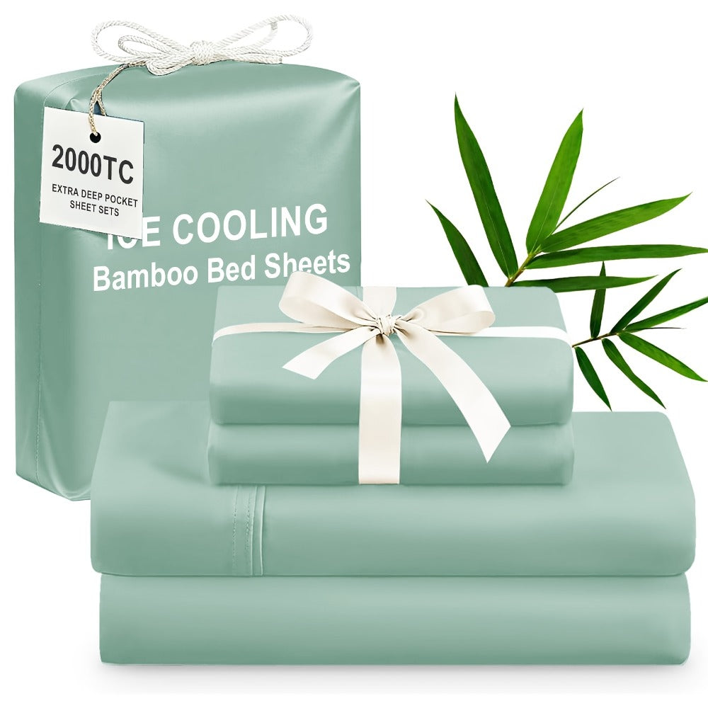 Bamboo Cooling Bed Sheet Set 4pcs Extra Deep Pocket Breathable Fitted Sheet Flat Sheet Pillowcases for Hot Sleepers Twin Full Queen King