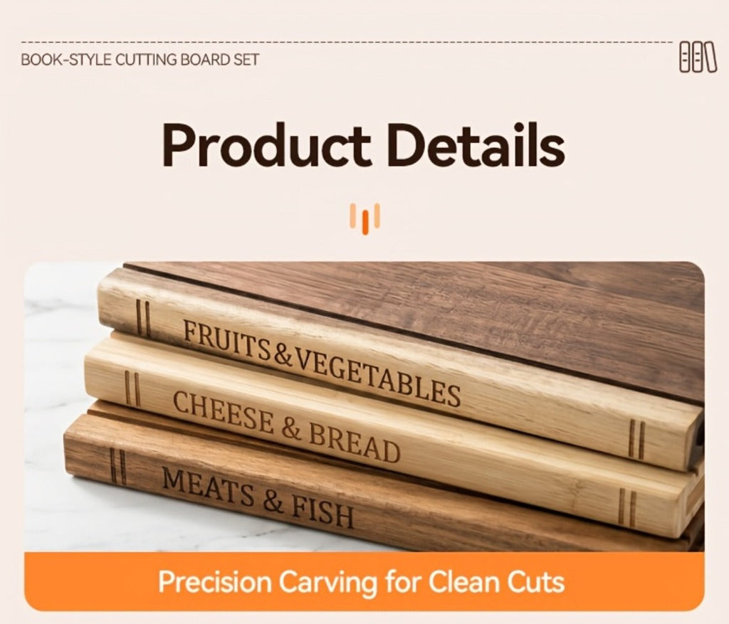 Acacia Wood Cutting Board Set 3 Piece with Stand Book Shaped Decorative Chopping Board for Vegetables Cheese Bread Meat Kitchen Gift Set