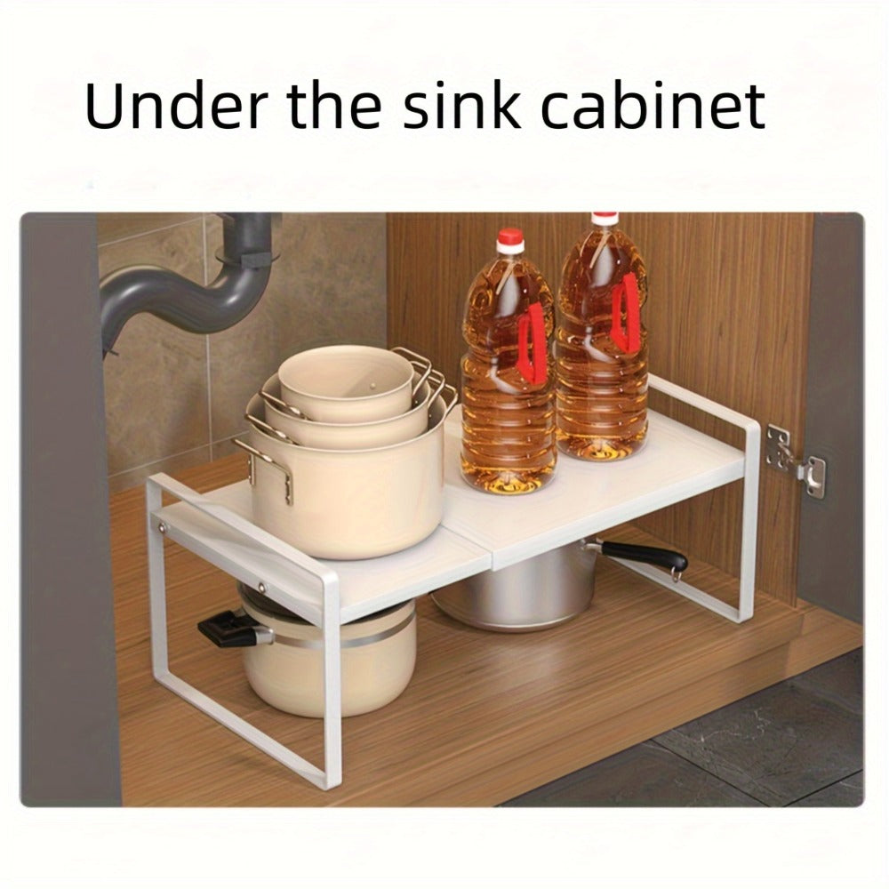 Expandable Cabinet Shelf Organizer Riser ¨C Height Adjustable Retractable Rack with Suction Cup Base for Kitchen Pantry Cupboard Under Sink Countertop, Heavy Duty Metal Space Saver, Stackable Storage