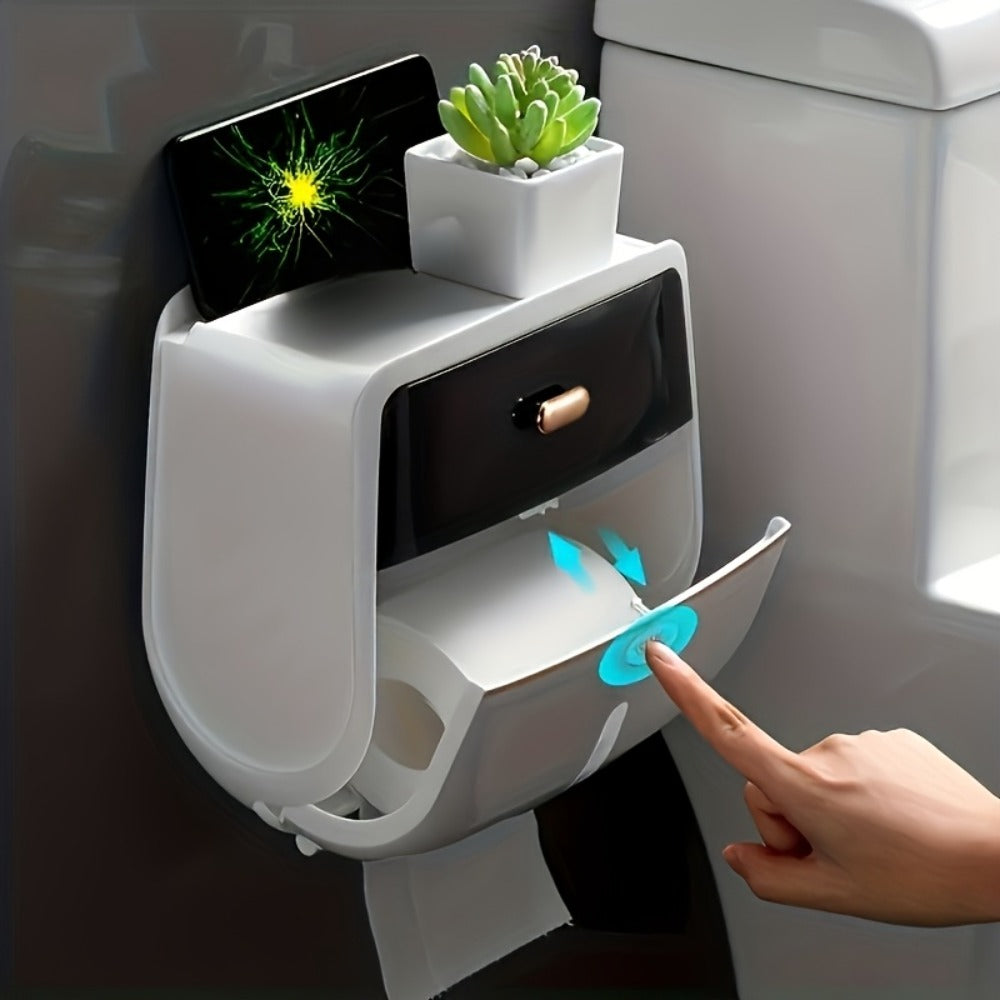 Wall Mounted Tissue Holder with Double Layer Storage Rack ¨C Self-Adhesive No Drill Bathroom Organizer for Toilet Paper Roll, Living Room & Bedroom