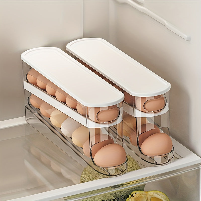 Double Layer Rolling Egg Dispenser Automatic Space Saving Refrigerator Egg Organizer for Cabinet Kitchen Storage Keeps Eggs Fresh White