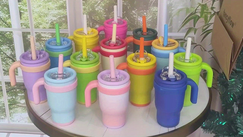 14oz Insulated Tumbler with Handle & Straw - Stainless Steel Travel Coffee Mug with Stickers, Multiple Colors