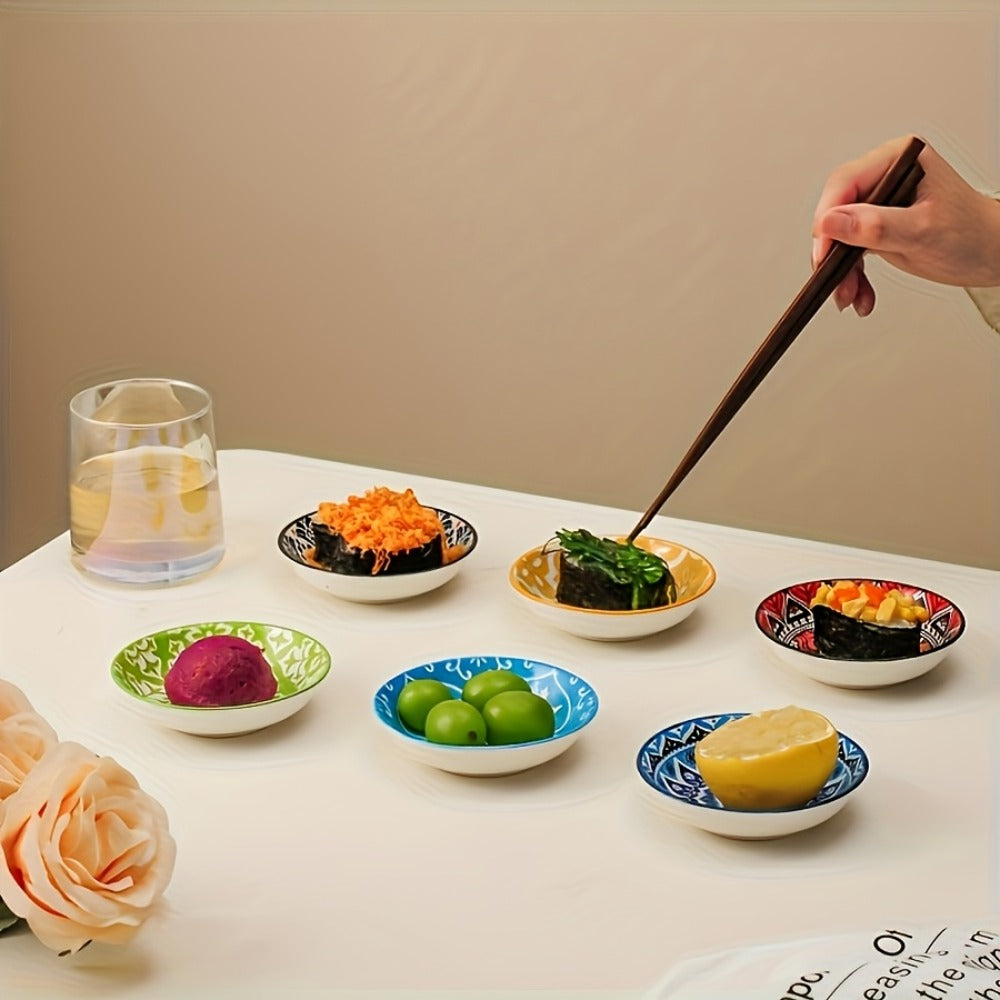 Ceramic Condiment Dish Set of 10 ¨C Bohemian Small Saucer Dipping Bowls for Soy Sauce, Vinegar & Spices | Kitchen, Restaurant, Party, BBQ & Picnic Use | Machine Washable