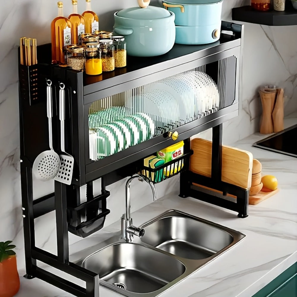Dish Drying Rack Multi-Layer Kitchen Countertop Organizer - Dust-Free Drainer for Plates Bowls Utensils, Black Large Capacity Dish Rack