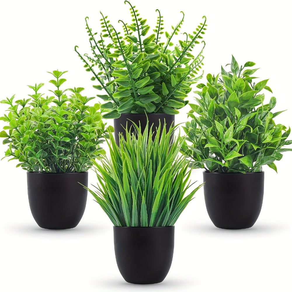 Artificial Plants 4 Pack Small Fake Plants in Black Pots for Bathroom Home Office Desktop Indoor Decor - Mini Faux Greenery Set for Shelf Table Desk