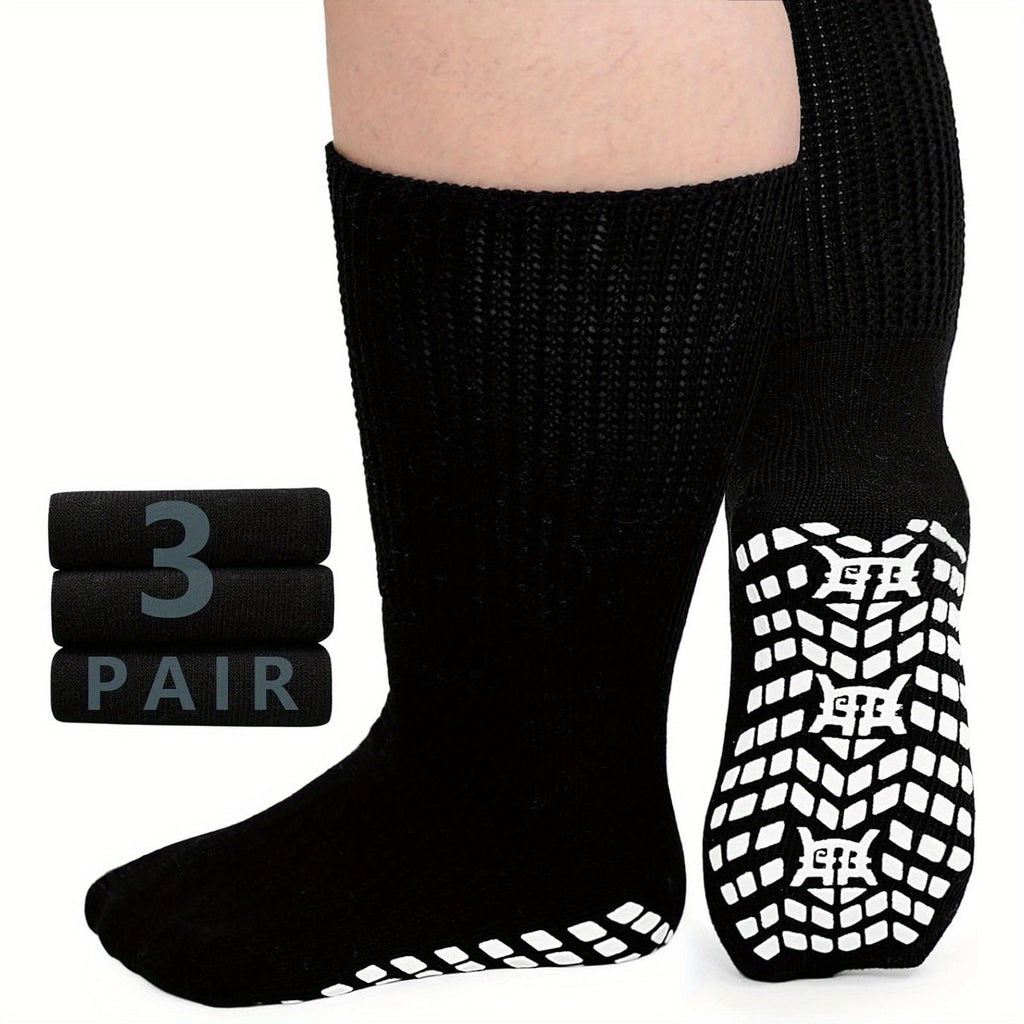 Anti-Slip Wide Socks for Swollen Feet 3 Pairs Grippy Sole Diabetic Non-Binding Breathable Edema Socks Reinforced Toe Heel Black White Grey Size 9-13 13-15