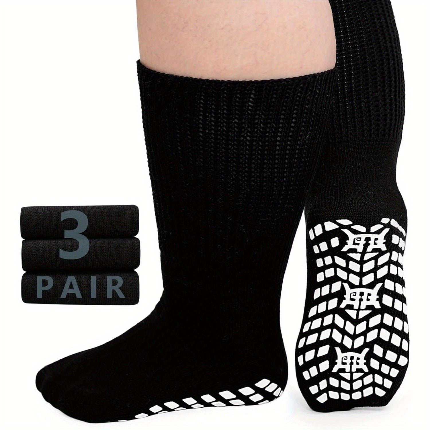 Anti-Slip Wide Socks for Swollen Feet 3 Pairs Grippy Sole Diabetic Non-Binding Breathable Edema Socks Reinforced Toe Heel Black White Grey Size 9-13 13-15