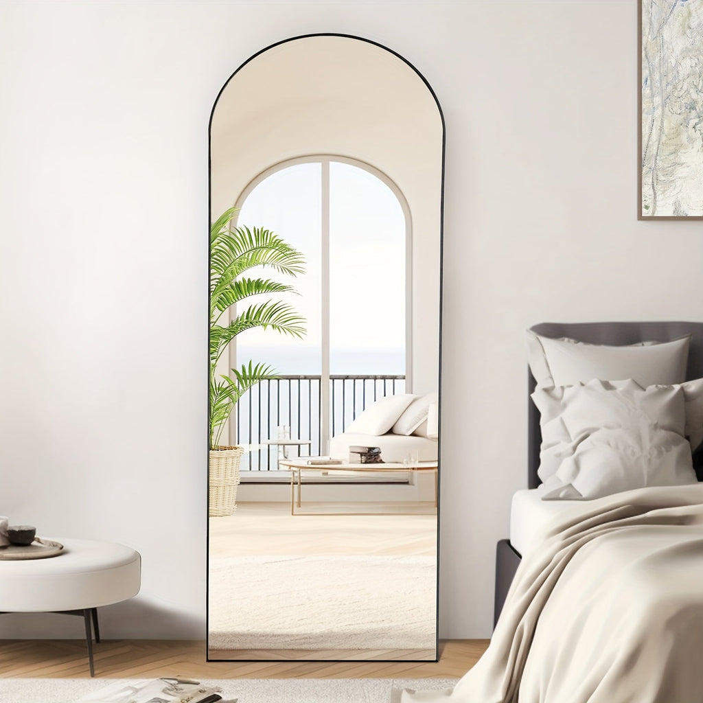 Full Length Floor Mirror with Stand ¨C Arched & Rectangular Full Body Mirror, Aluminum Alloy Frame, Shatter-Proof Nano Glass, Bedroom Living Room Cloakroom Wall Leaning Mirror