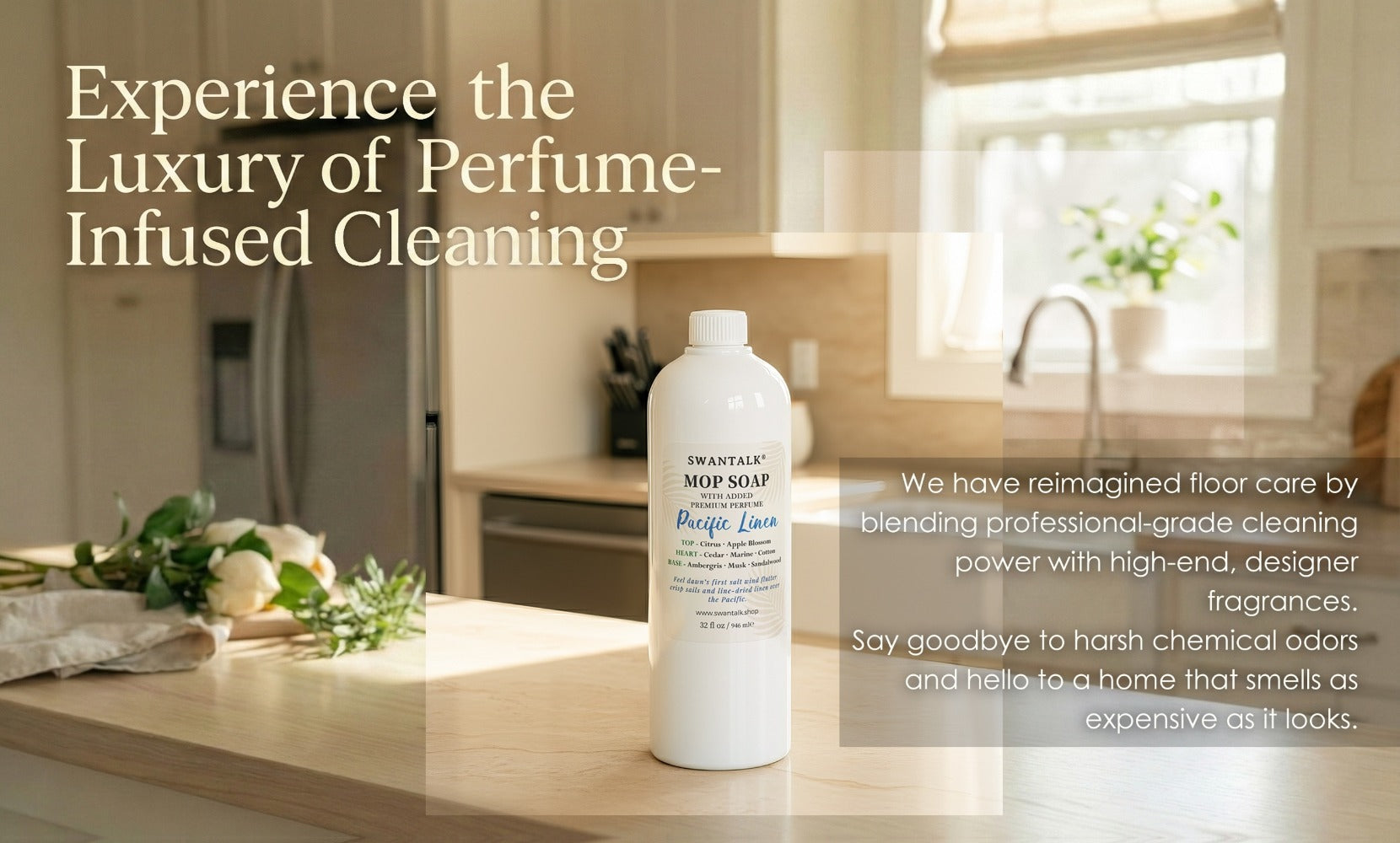 Concentrated Floor Cleaner 4X Formula 32 fl oz, SWANTALK Mop Soap Multi-Surface Streak-Free Floor Wash, Perfume-Inspired Deodorizing Cleaner, Pet Friendly ¨C Brazilian Breeze, Island Coconut, Pacific Linen