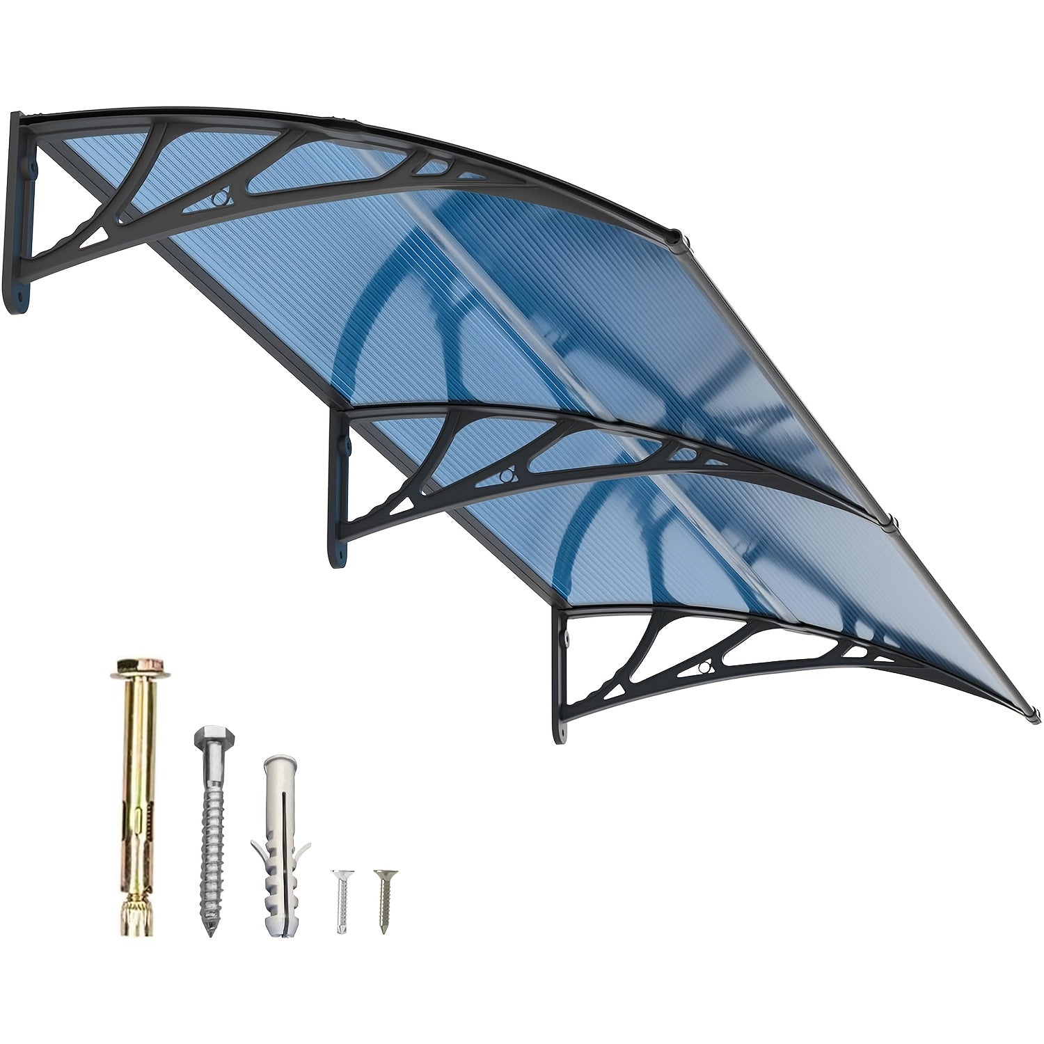 Polycarbonate Window Awning Door Canopy - UV Rain Snow Sun Protection Overhang for Doorways, Patio & Windows, Multiple Sizes, Black/Gray Bracket with Blue/Clear/Brown Board
