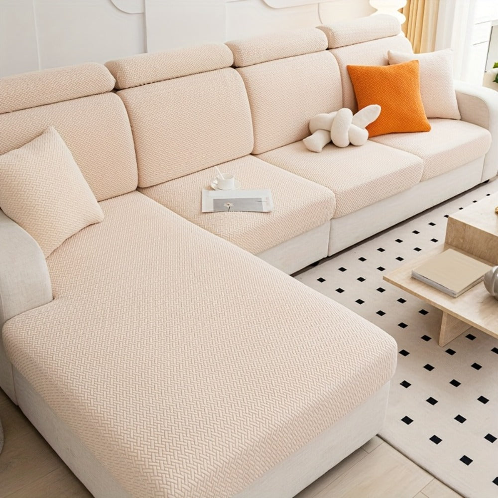 Jacquard Stretch Sofa Cover Non-Slip | Elastic Wear-Resistant Couch Slipcover, Polyester Jacquard Fabric, 1 to 4 Seat Sectional L-Shape, Armrest Backrest, Machine Washable