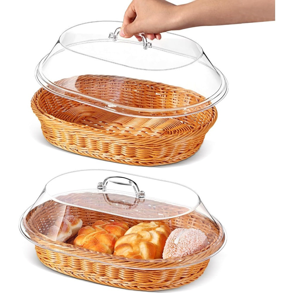 Woven Bread Basket with Lid Oval Rattan Food Basket for Serving Storage Fruits Vegetables Kitchen Dining Table Decor