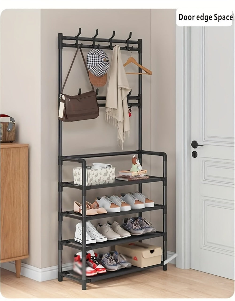 Shoe Rack Organizer with 8 Double Hooks & Multi-Layer Storage Shelves ¨C Floor Standing Coat Hat Holder for Entryway Bedroom Living Room