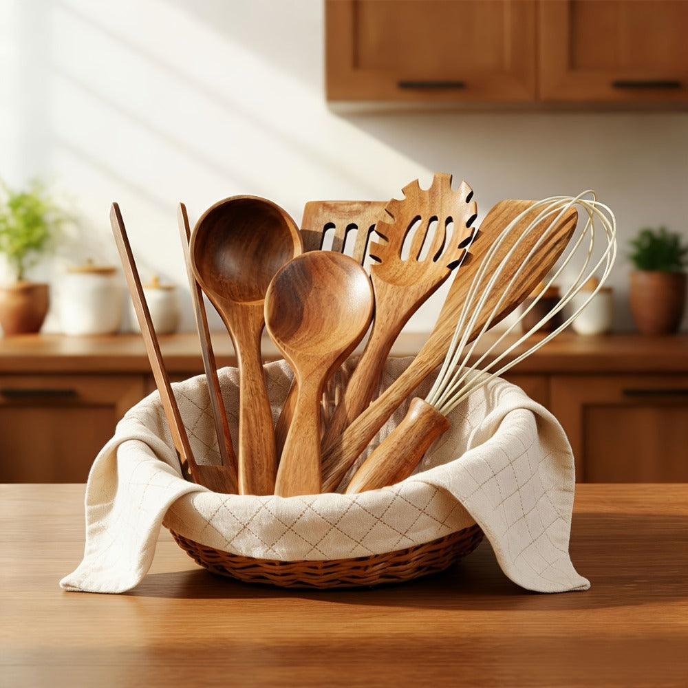 Wooden Kitchen Utensils Set 3/5/7Pcs ¨C Natural Wood Spoons, Spurtle, Ladle & Wok Spatulas for Non-Stick Pans | Heat Resistant, Ergonomic Handle, Easy to Clean