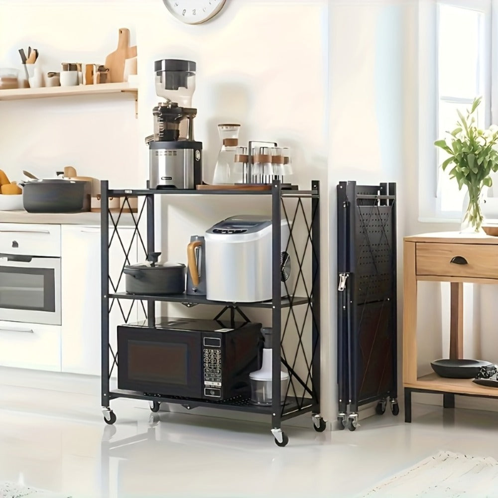 Heavy Duty Storage Rack with Wheels 3-Layer Foldable Metal Shelving Unit 750 LBS Capacity, Rolling Utility Cart for Garage Kitchen Pantry Closet, Movable Black Metal Storage Shelf