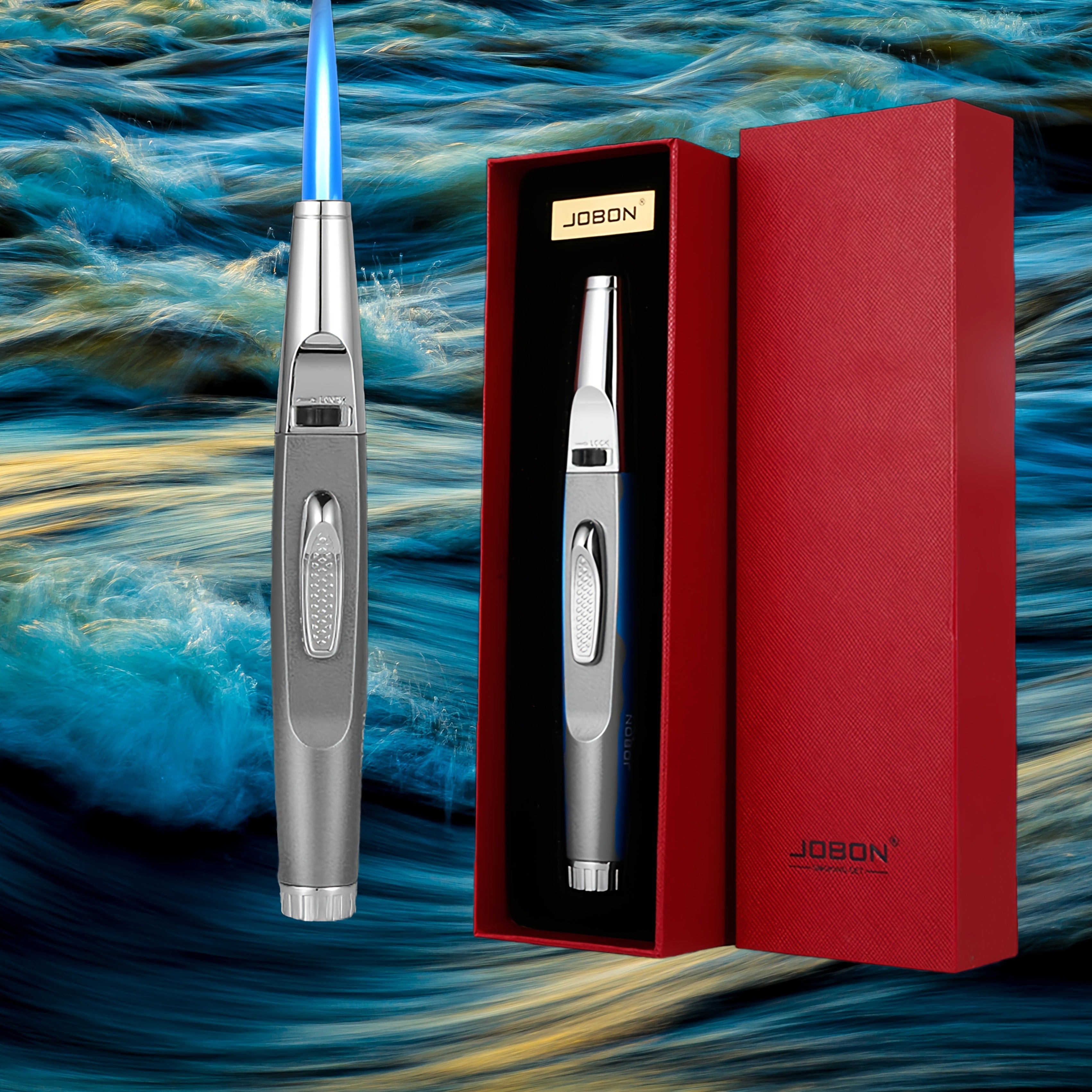 Torch Lighter Refillable with Ignition Lock, JOBON Deluxe High-Temperature Butane Torch for Kitchen Baking, BBQ, Camping, Cigar, Candle, Gift Box Packaging, Adjustable Flame (Gas Not Included)