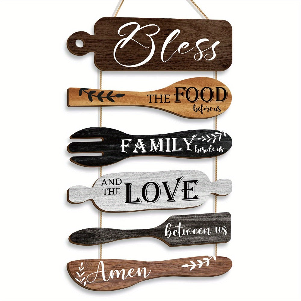 Farmhouse Wall Decor Wood Sign Set - ¡±Bless The Food Before Us¡± Rustic Kitchen Dining Room Hanging Plaque, 6-Piece Rope Wood Board Art, Housewarming Thanksgiving Gift for Home
