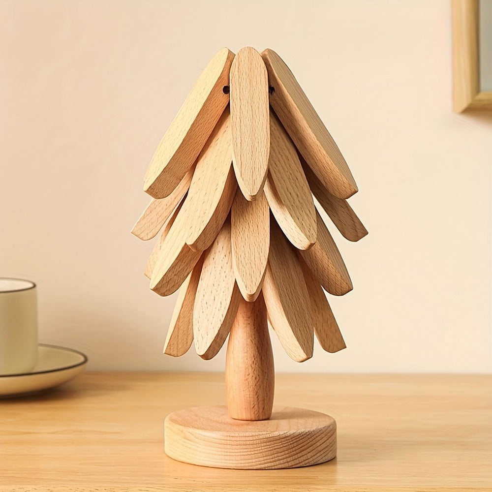 Solid Wood Trivet Mat Set 6pcs with Storage Rack ¨C Heat-Resistant Tree-Shaped Coasters, Natural Foldable Wooden Kitchen Trivets for Hot Dishes, Pots, Bowls & Teapots