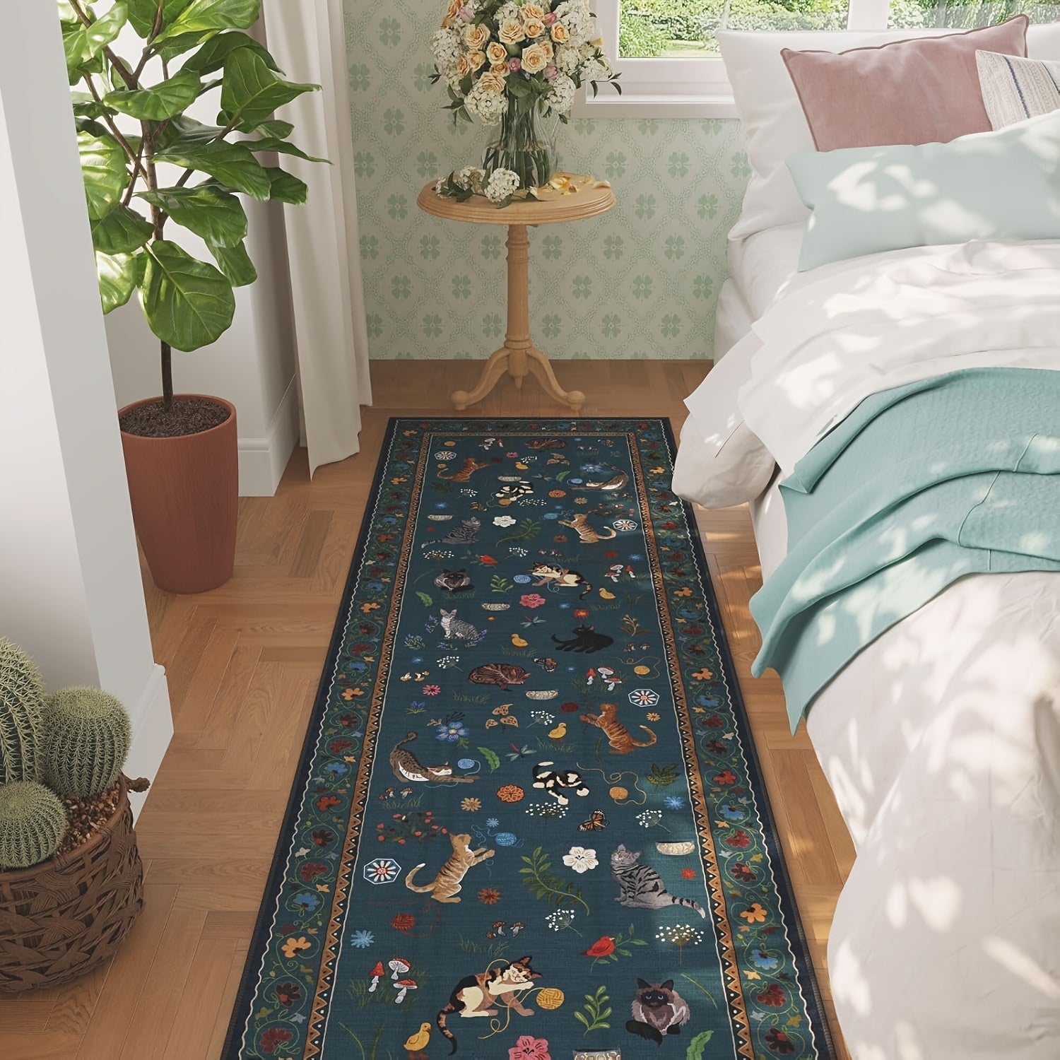 Boho Cat Floral Area Rug ¨C Vintage Blue Animal Print Low Pile Carpet, Non-Slip Soft Rug for Living Room, Bedroom & Dining Room, Round & Runner Sizes, Easy Clean