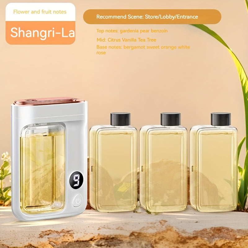 Essential Oil Aromatherapy Diffuser Set ¨C Mini Humidifier with 7 Spray Levels, 1/4/8 Hour Timer, 5.07oz Capacity, Room Decor Scent Diffuser with Hilton, Gardenia, Ocean & Shangri-La Oils