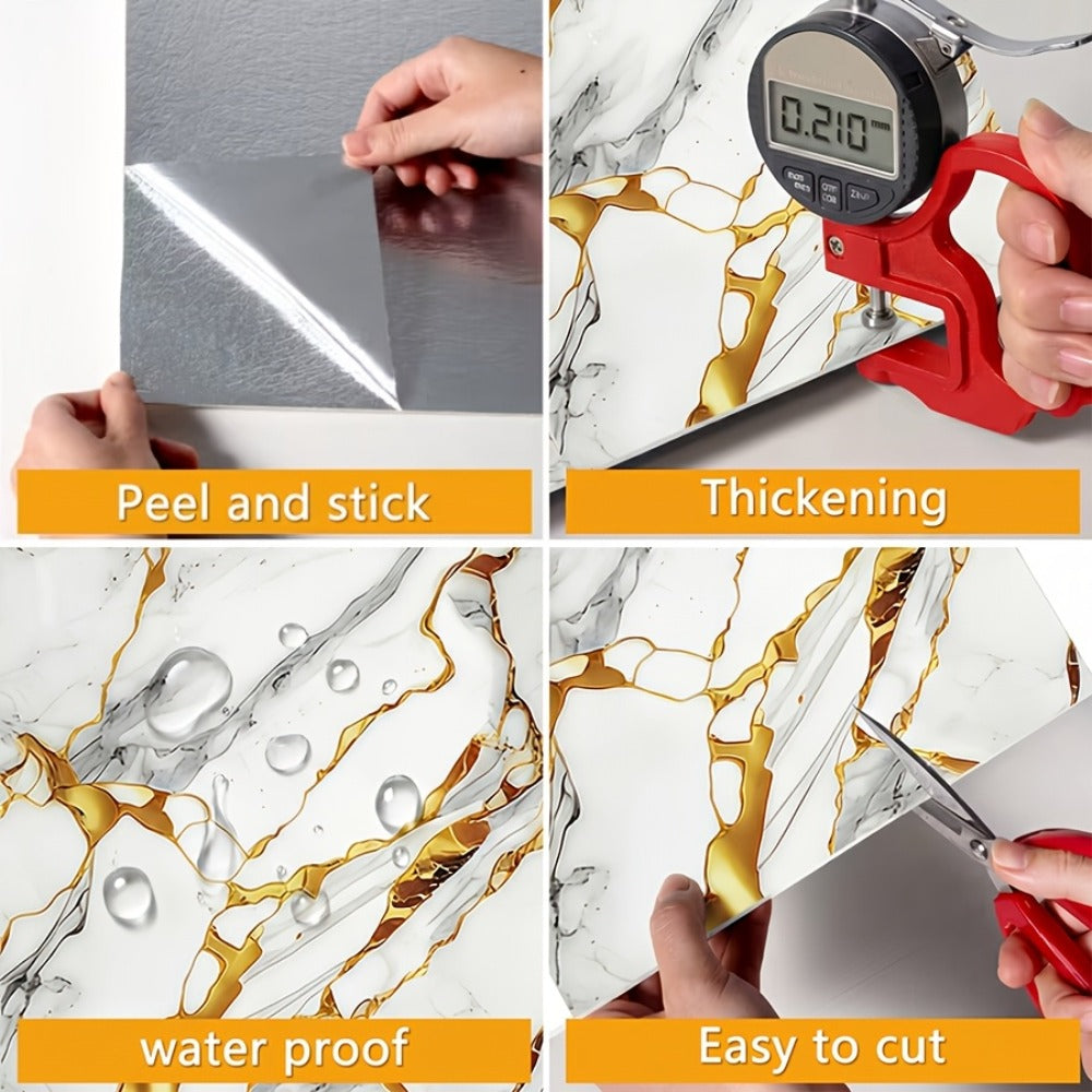 Self-Adhesive Marble Tile Stickers 11.8x11.8in Peel and Stick Wall Tiles for Bathroom Kitchen Backsplash ¨C Waterproof 3D Glossy Imitation Marble Wall Panel, Easy to Install, 50 or 100 Pack
