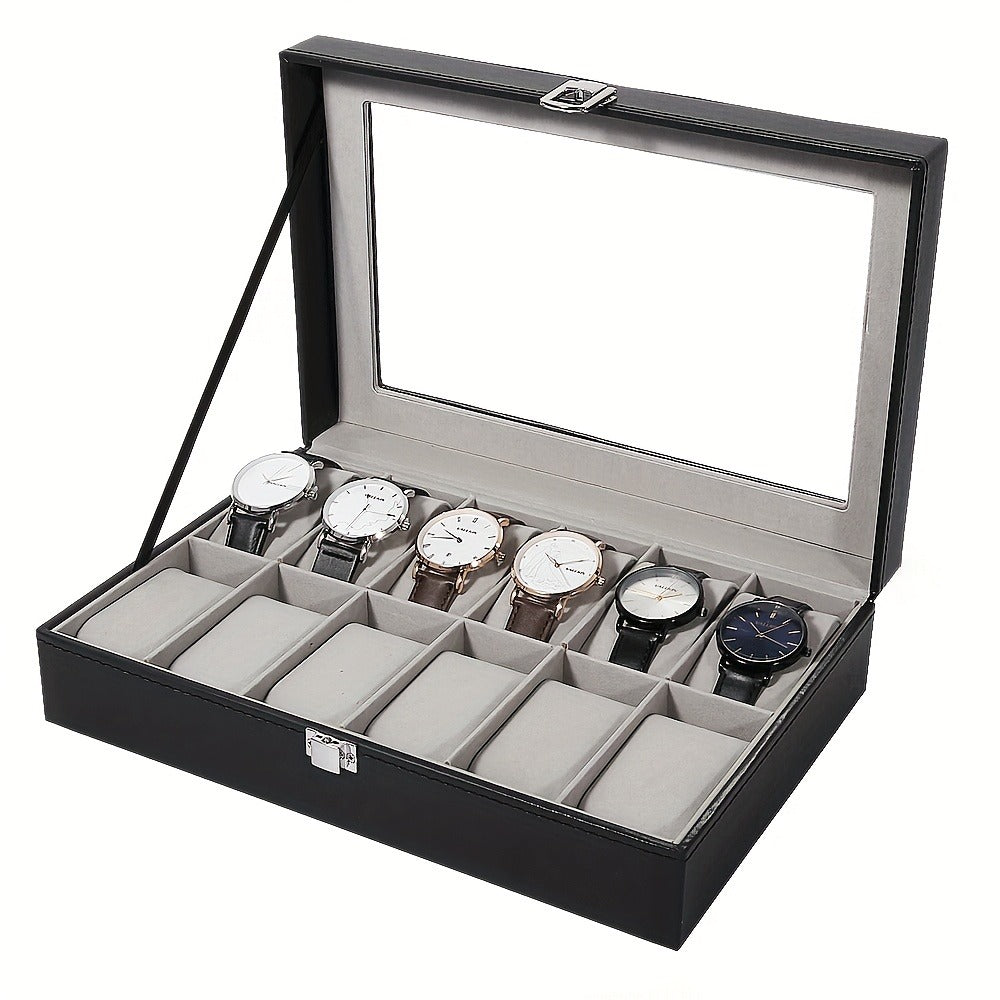Watch Box Organizer 12 Slot PU Leather, Watch Display Case with Glass Lid Removable Pillow Metal Clasp, Jewelry Box Gift for Him Her Valentine's Day Birthday Christmas