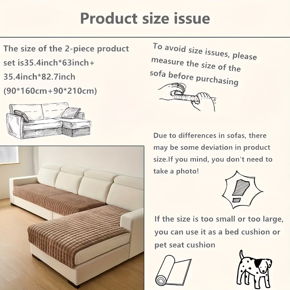 Quilted Flannel Velvet Sofa Cover 2pcs Set | Luxurious Jacquard Couch Cover, Soft Furniture Protector, Pet Friendly Machine Washable, All Season, Living Room Bedroom Office