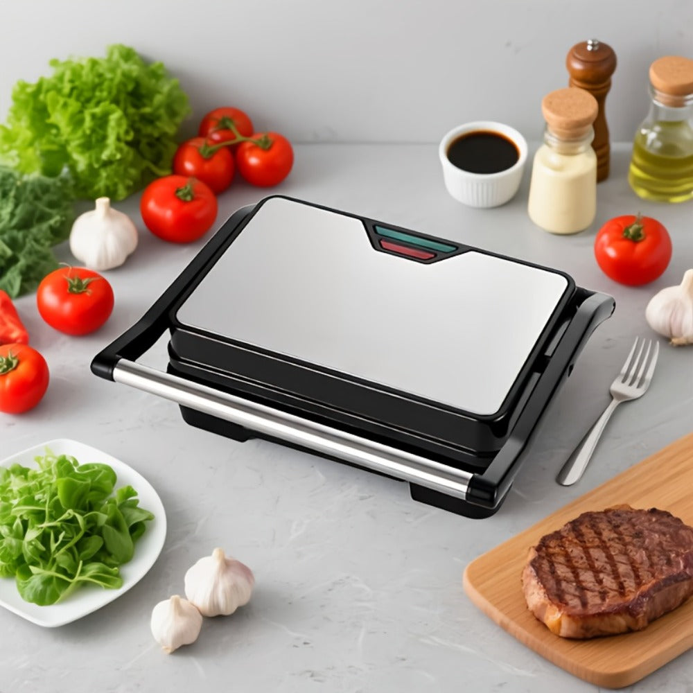 Electric Panini Press Grill Double-Sided Heating Sandwich Maker Waffle Iron Steak Grill Indoor Barbecue Machine for Panini Toasts Burgers Sausages Quick Meals Home Kitchen