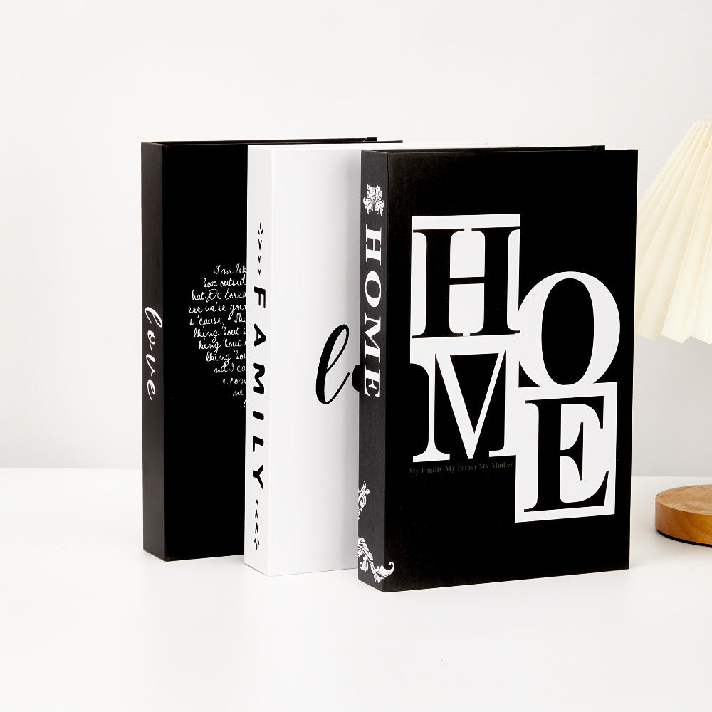Decorative Book Set 3pcs Fake Books with HOME FAMILY LOVE Design - Elegant Black Minimalist Faux Books for Shelf Decor Living Room Coffee Table Home Soft Decoration Modern Interior