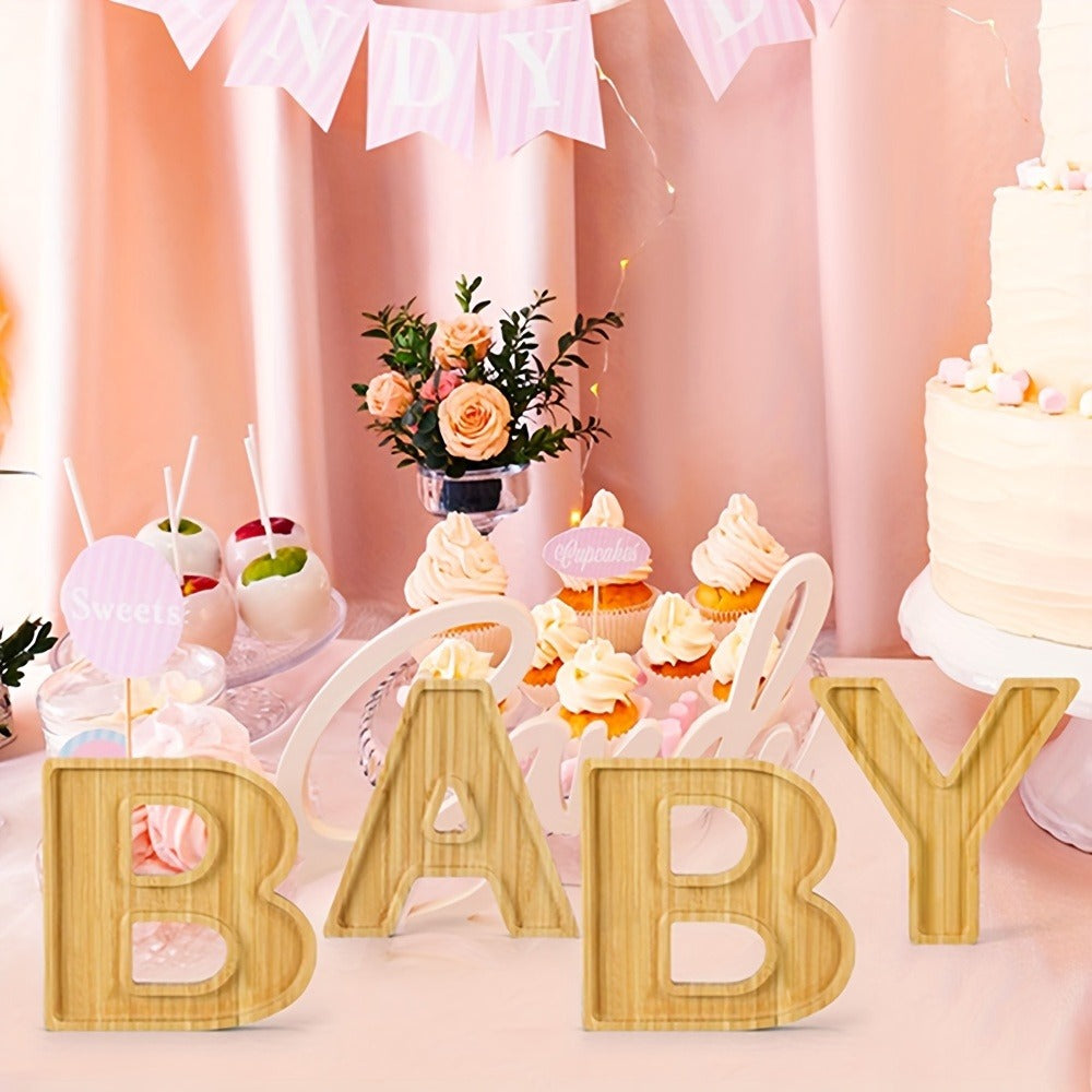 Baby Shower Charcuterie Board Set ¨C 4-Piece BABY Letter Shaped Wooden Serving Tray, Bamboo Snack Platter for Gender Reveal, Birthday Party, Cake & Cookie Display