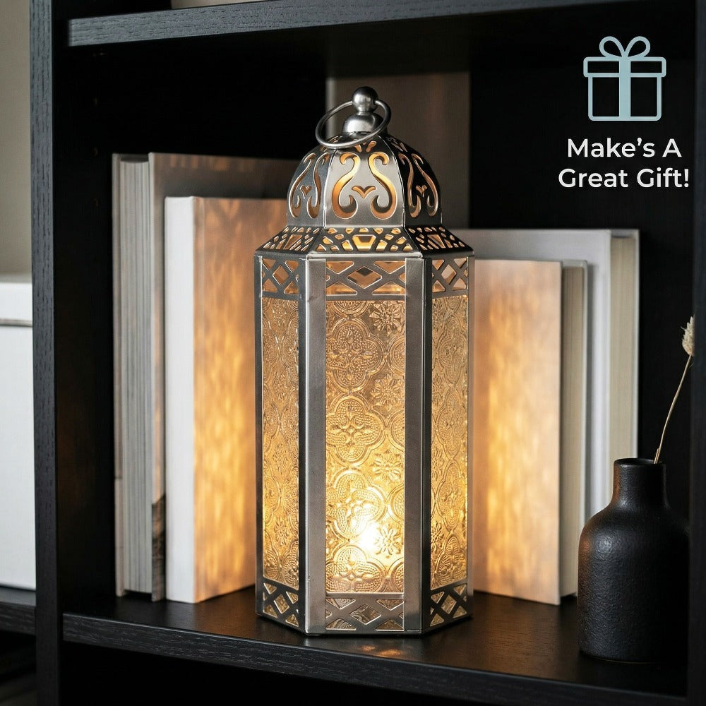 Moroccan Candle Lantern Holder - Decorative Metal & Glass Lantern with Embossed Floral Design for Indoor Home Decor, Garden, Patio, Weddings, Ramadan, Halloween & Holiday Celebrations - 10.5¡± Tall Medium Size