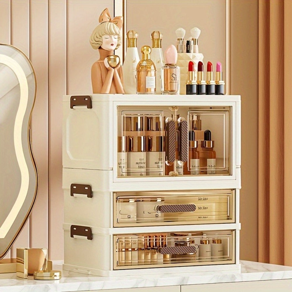 Makeup Storage Cabinet with Transparent Drawers, Stackable Cosmetic Organizer for Vanity, Foldable Plastic Skincare Storage Box, Retro White Gold Design, Desk Organizer for Bedroom Home