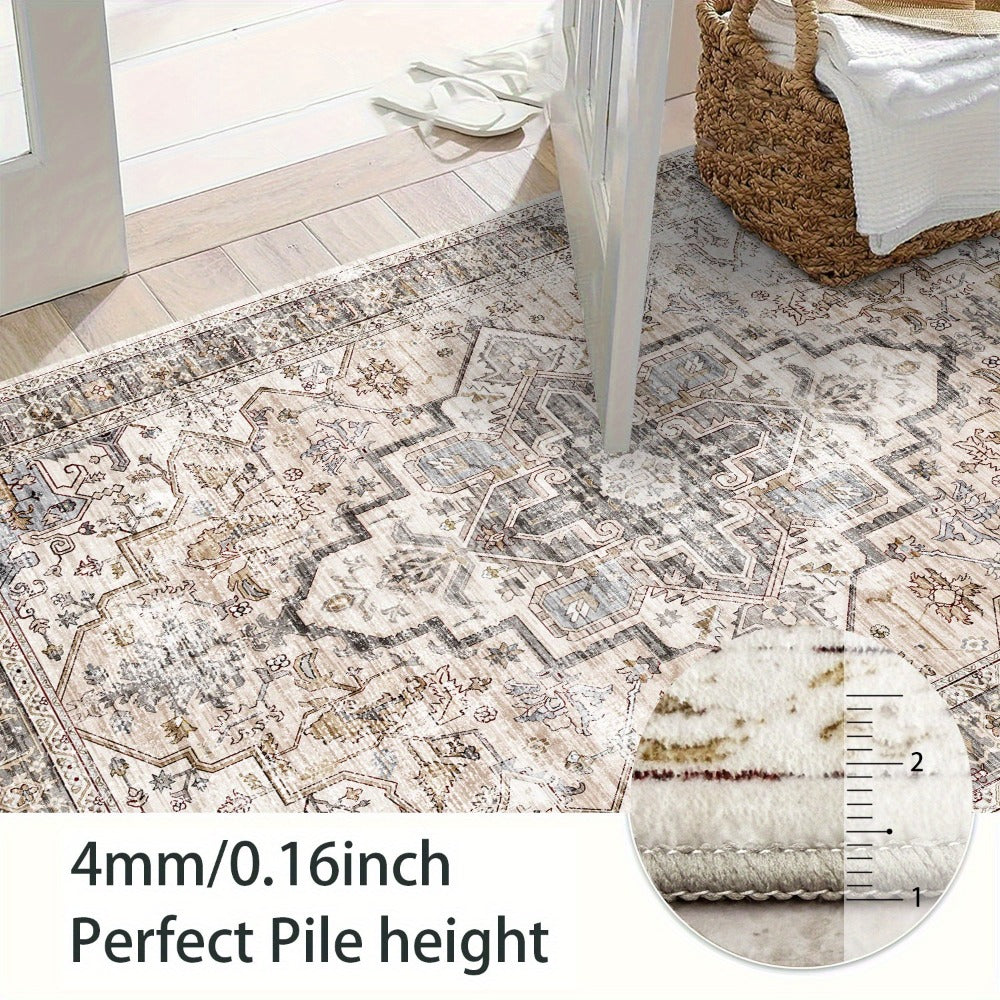 Bohemian Area Rug Ultra-Soft Non-Slip Washable Retro Foldable Carpet for Living Room Bedroom in Beige and Grey Multiple Sizes
