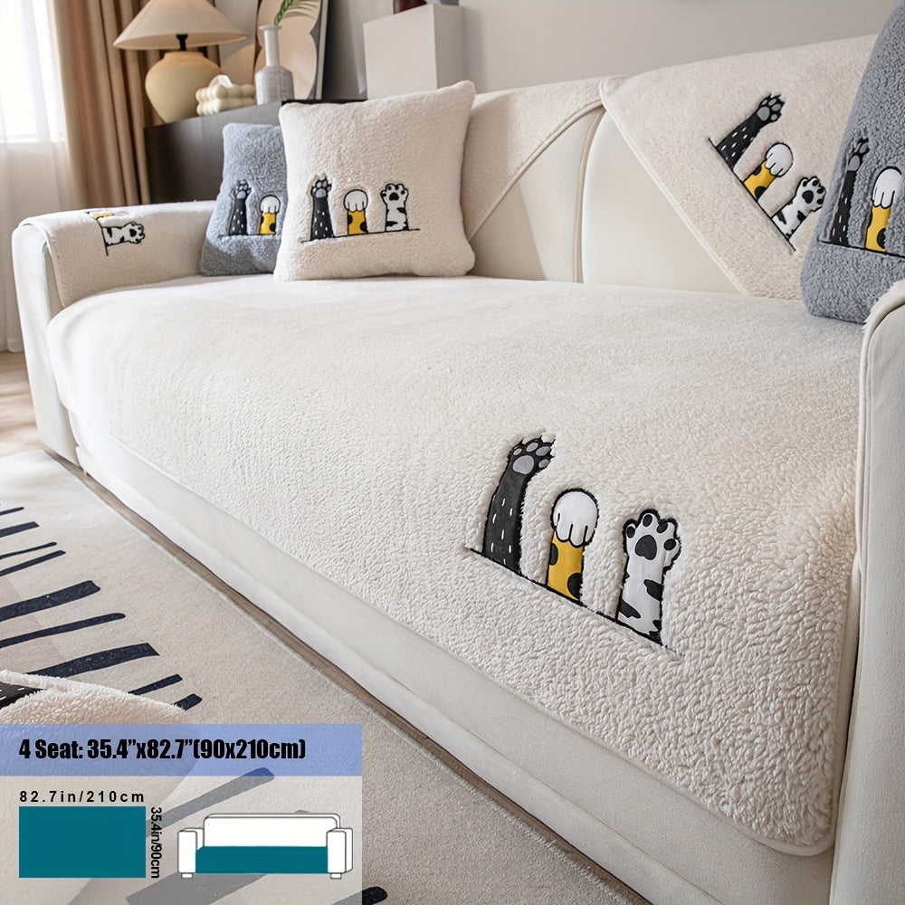 Sherpa Sofa Cover Cat Paw Embroidered Thick Plush Couch Slipcover Non-Slip Seat Cushion Protector Pet-Friendly Machine Washable Furniture Cover for Living Room Home Decor