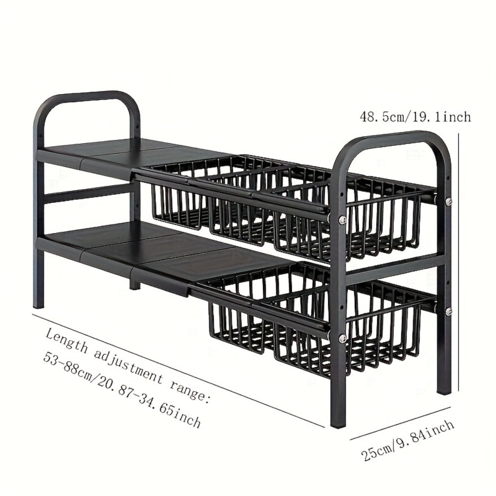 Under Sink Organizer and Storage Expandable 2 Tier Cabinet Shelf Organizer with Detachable Panels and Baskets for Under Kitchen Bathroom Sink, Adjustable Metal Cabinet Storage Rack