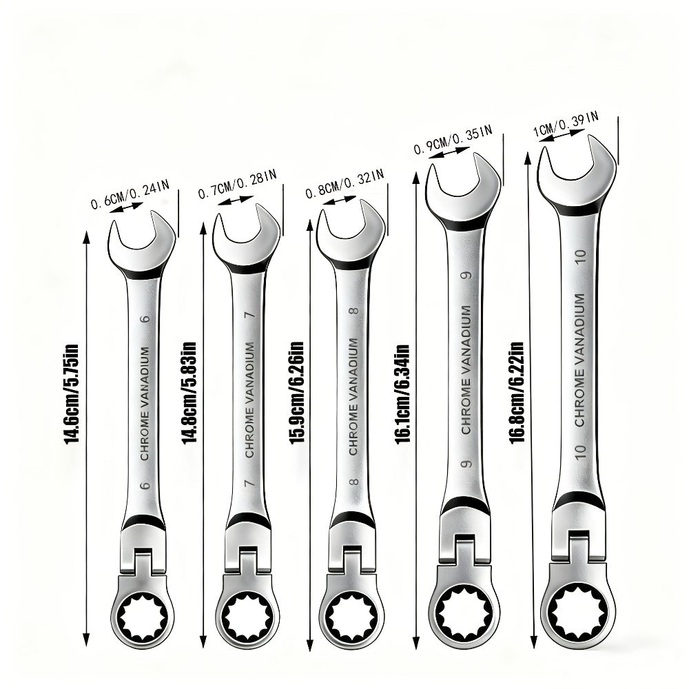 Ratchet Wrench Set 5pcs Flexible Head 6-10mm Metric Chrome Vanadium Steel 72-Tooth Combination Wrench Open Closed End for Automotive Bicycle Home Repair Mechanic Hand Tool Kit Silver