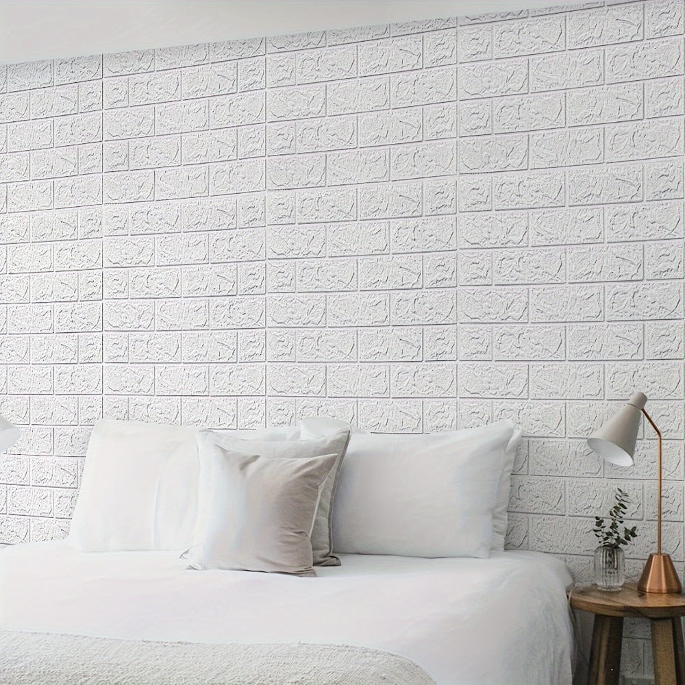 3D Foam Brick Wall Stickers 100pcs Self Adhesive Waterproof Peel and Stick Wallpaper Panels for Bedroom Living Room Bathroom Kitchen Home Decor White